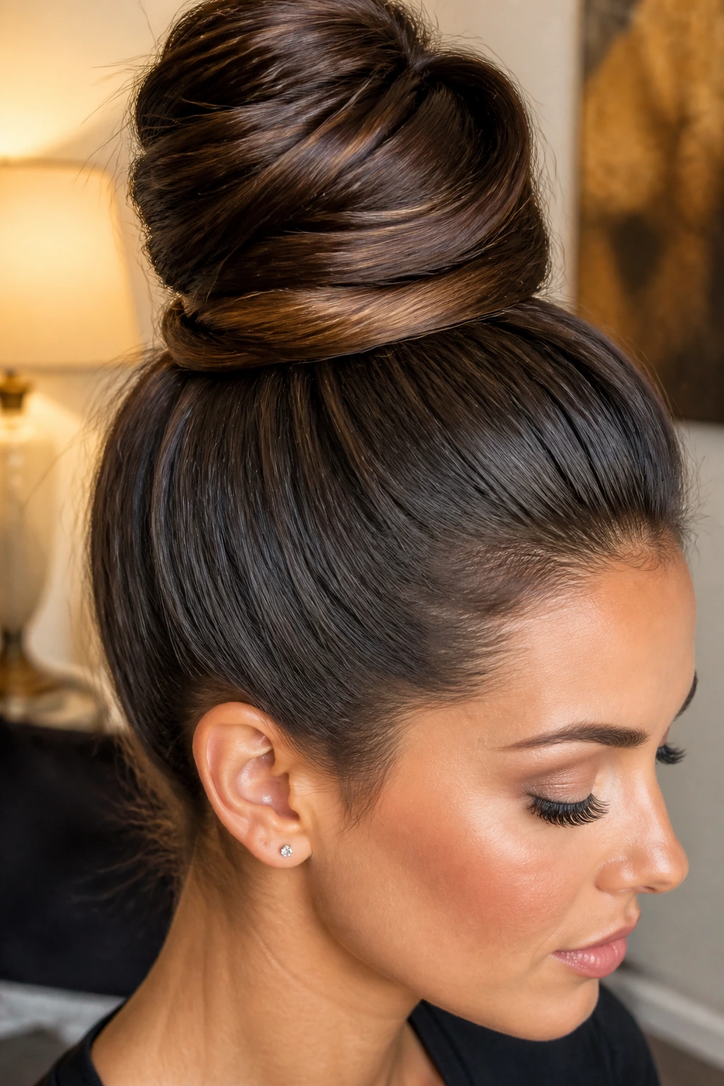 Real woman wearing a wrapped high bun, showcasing depth and wrap