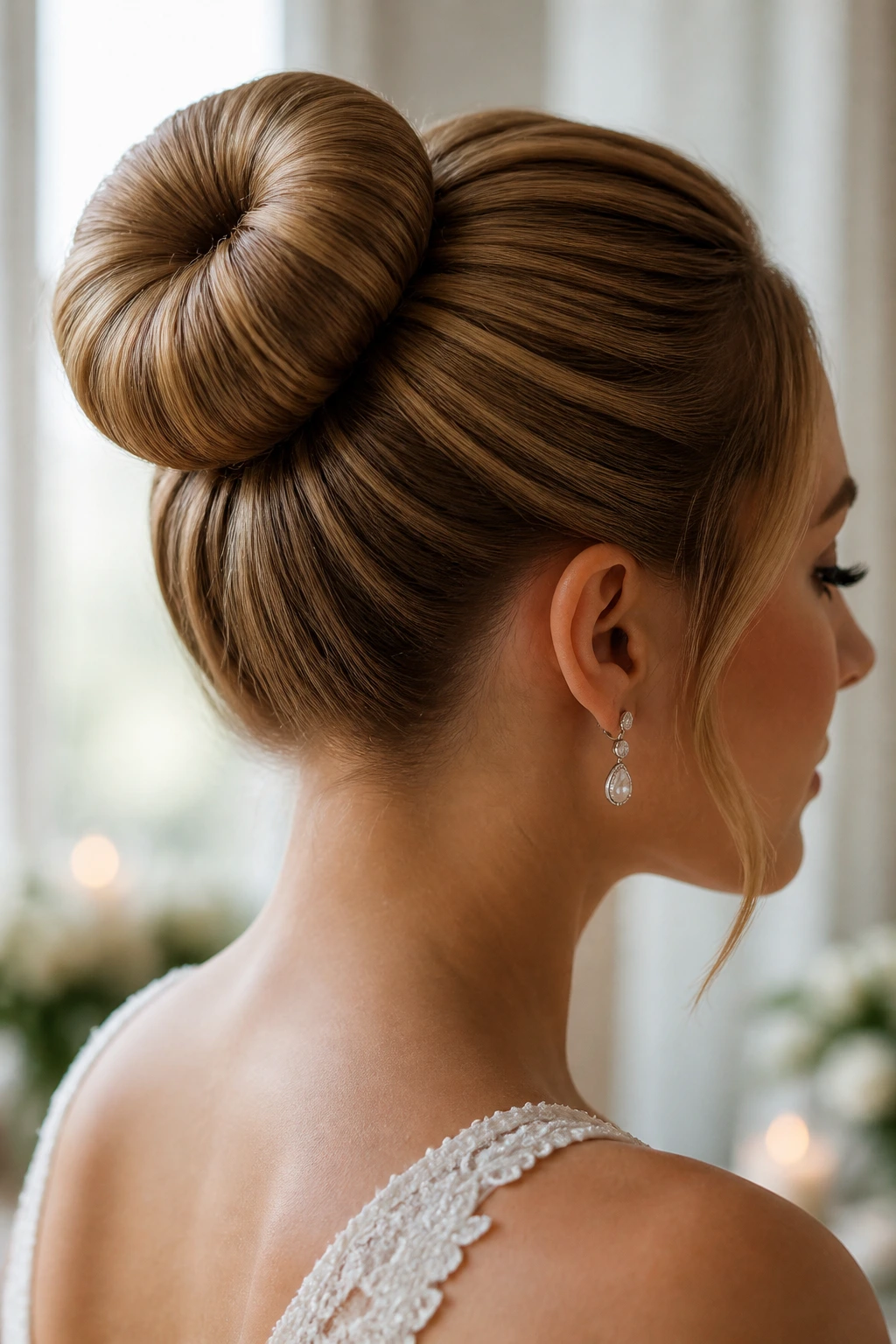 Real bride with wrapped donut bun viewed in profile under soft window light