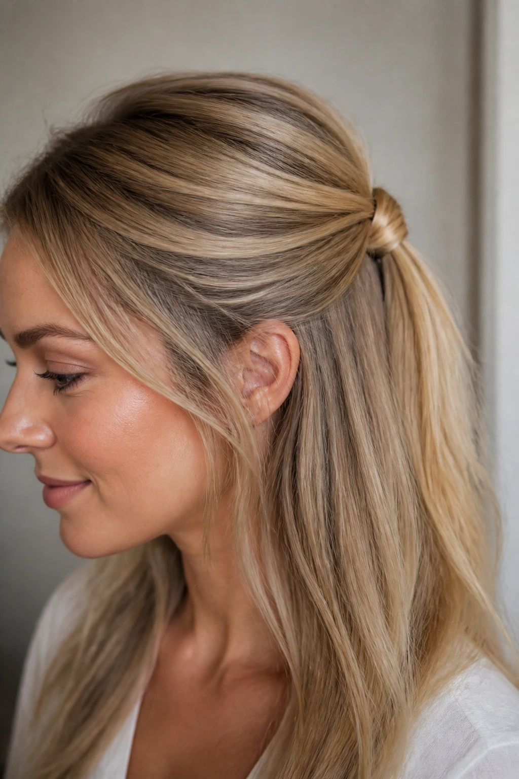 Sleek wrapped-elastic half pony hairstyle on real person.
