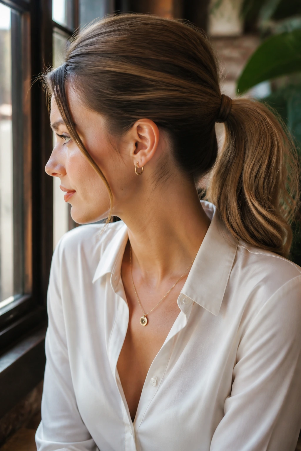 Close-up of a woman with a wrapped elastic pony