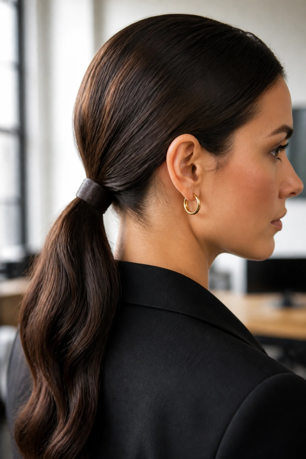 Close-up of a woman with a wrapped-elastic low ponytail.