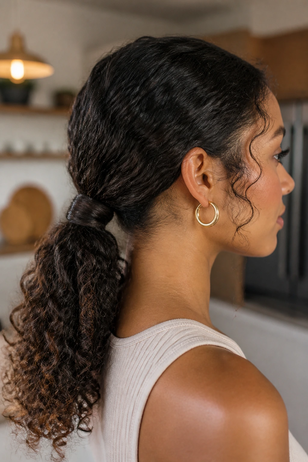 Close-up of a real woman with a low ponytail wrapped around the elastic