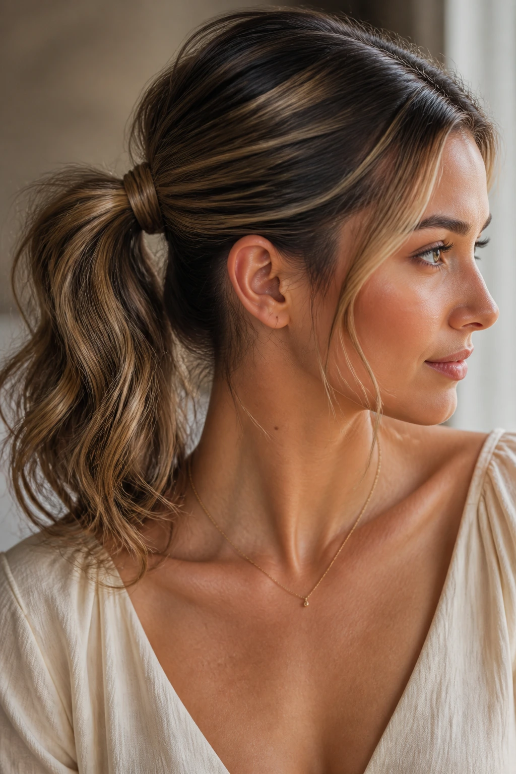 Close-up of real woman with wrapped-elastic sleek-to-messy ponytail