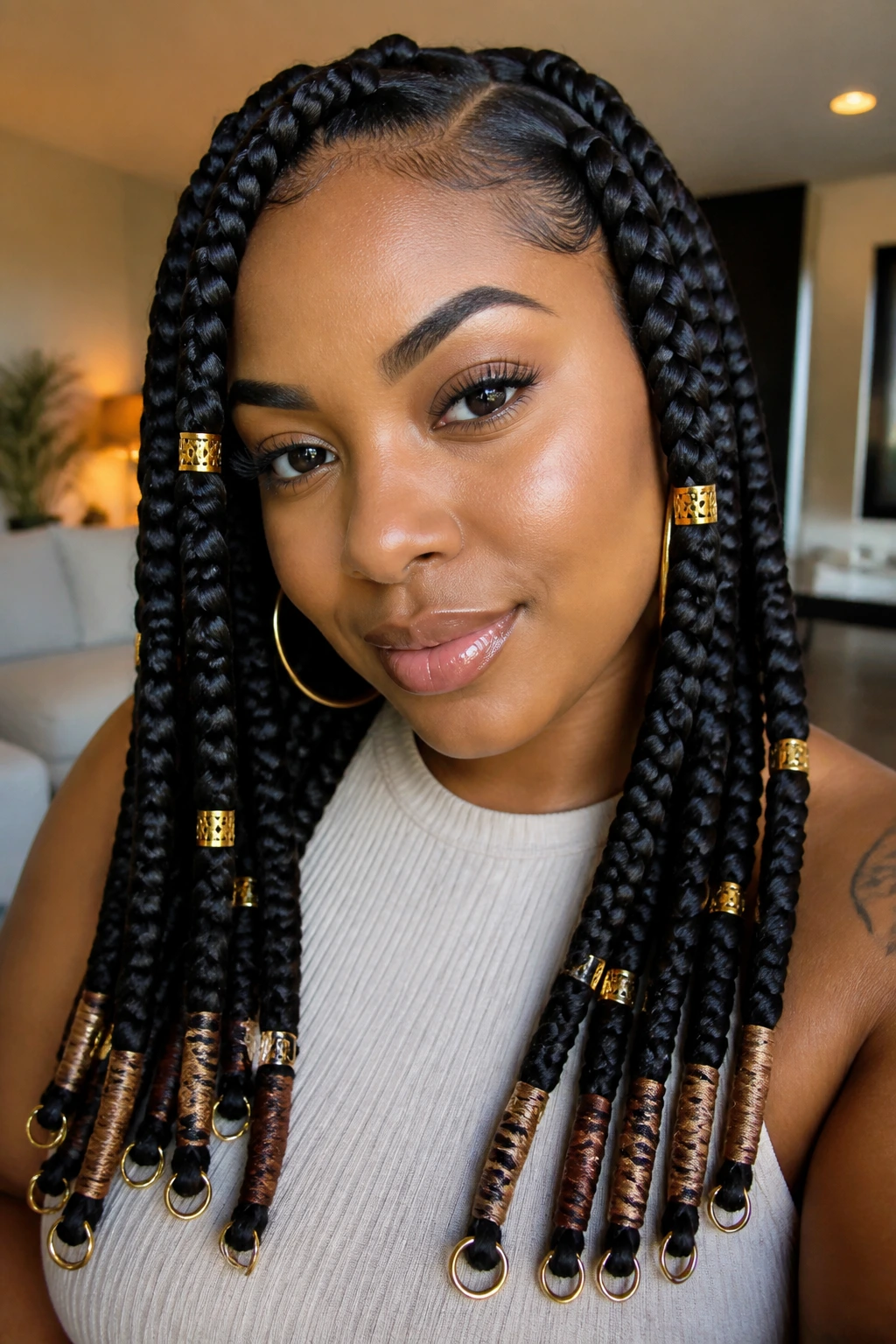 Real woman with wrapped-end jumbo box braids and cuffs