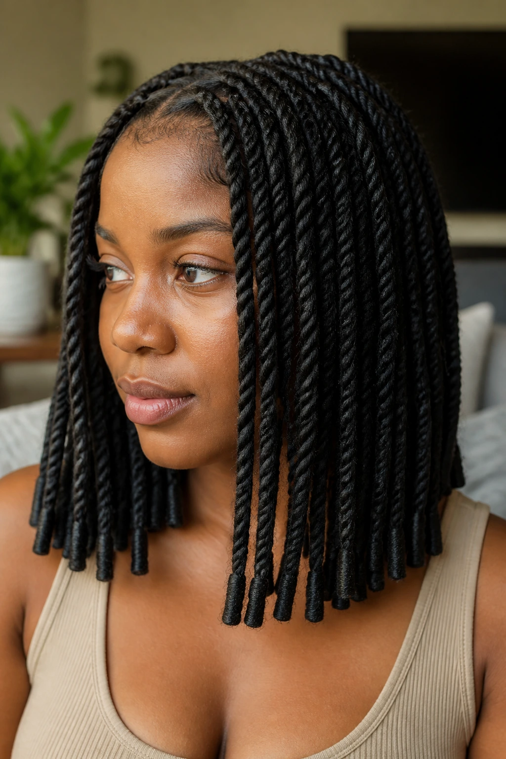 Close-up of a woman with wrapped-end Marley twists.