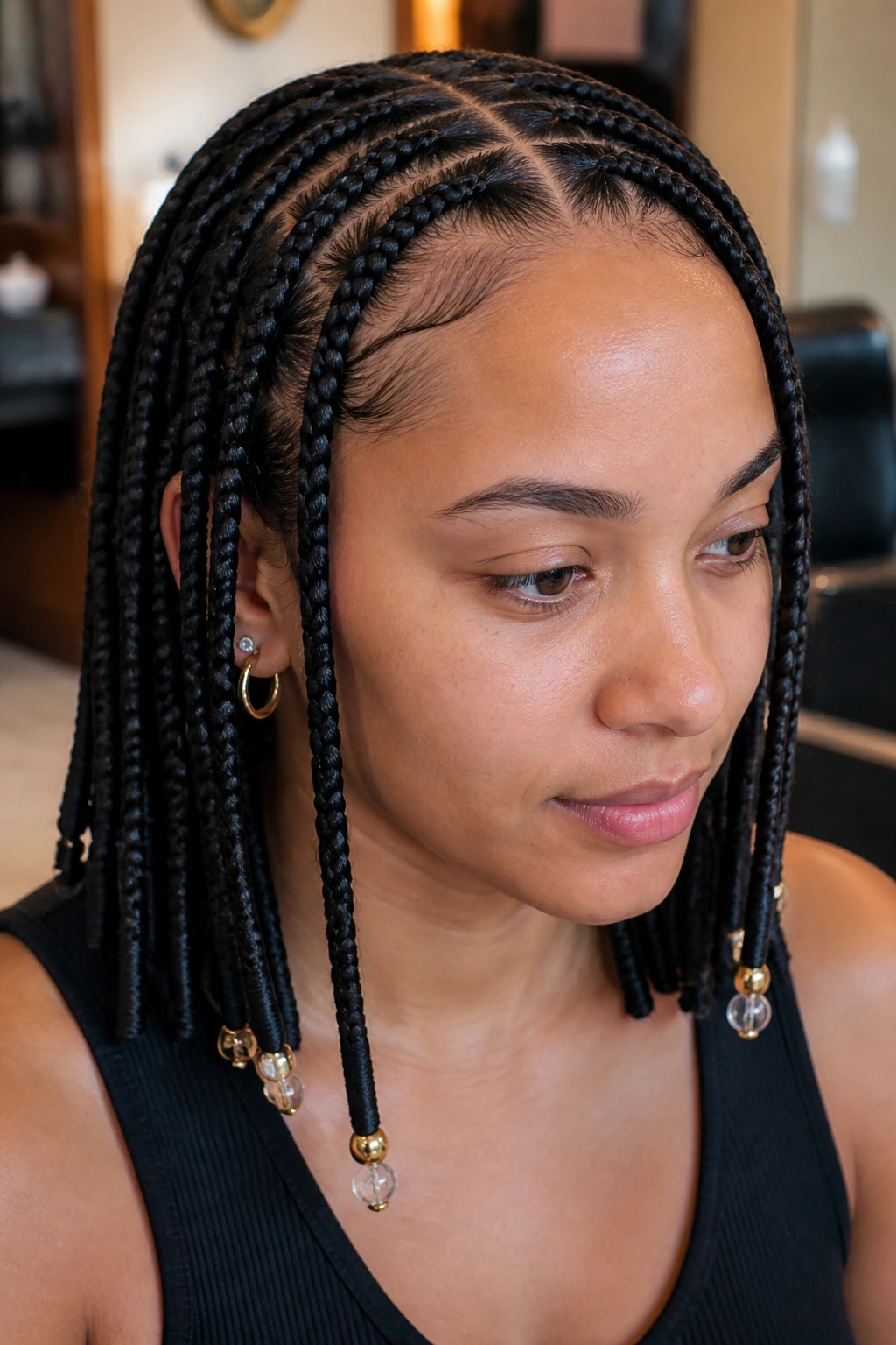 Close-up of real person with wrapped ends tribal braids and bead charms