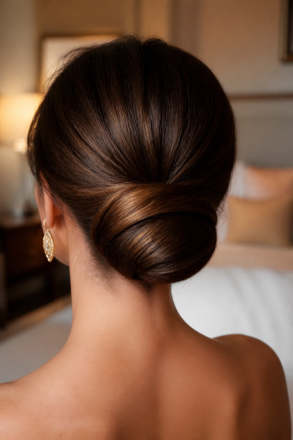 Back view of real woman wearing a wrapped-ends chignon