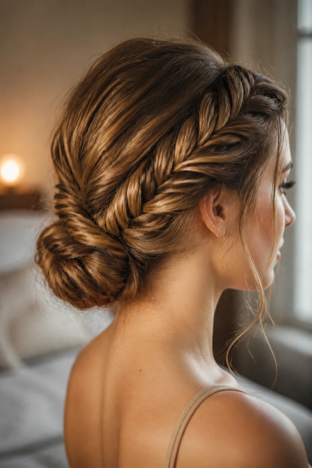 Close-up of a real woman's wrapped fishtail bun hairstyle in soft window light