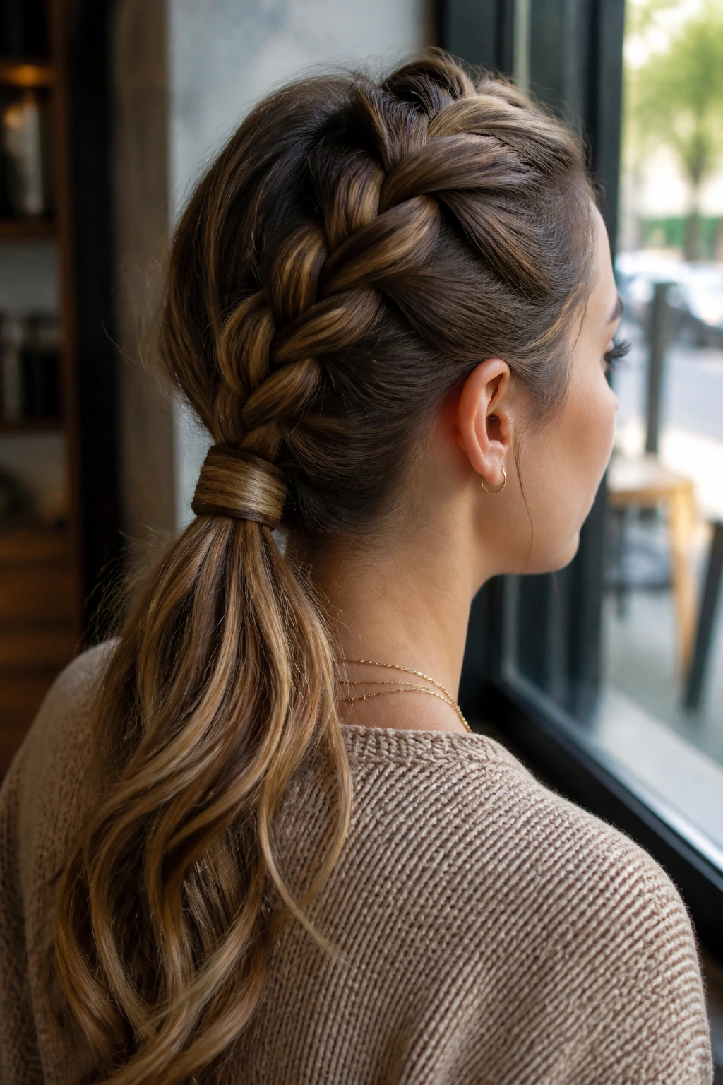 Close-up of a real woman with a crown braid transitioning into a wrapped ponytail