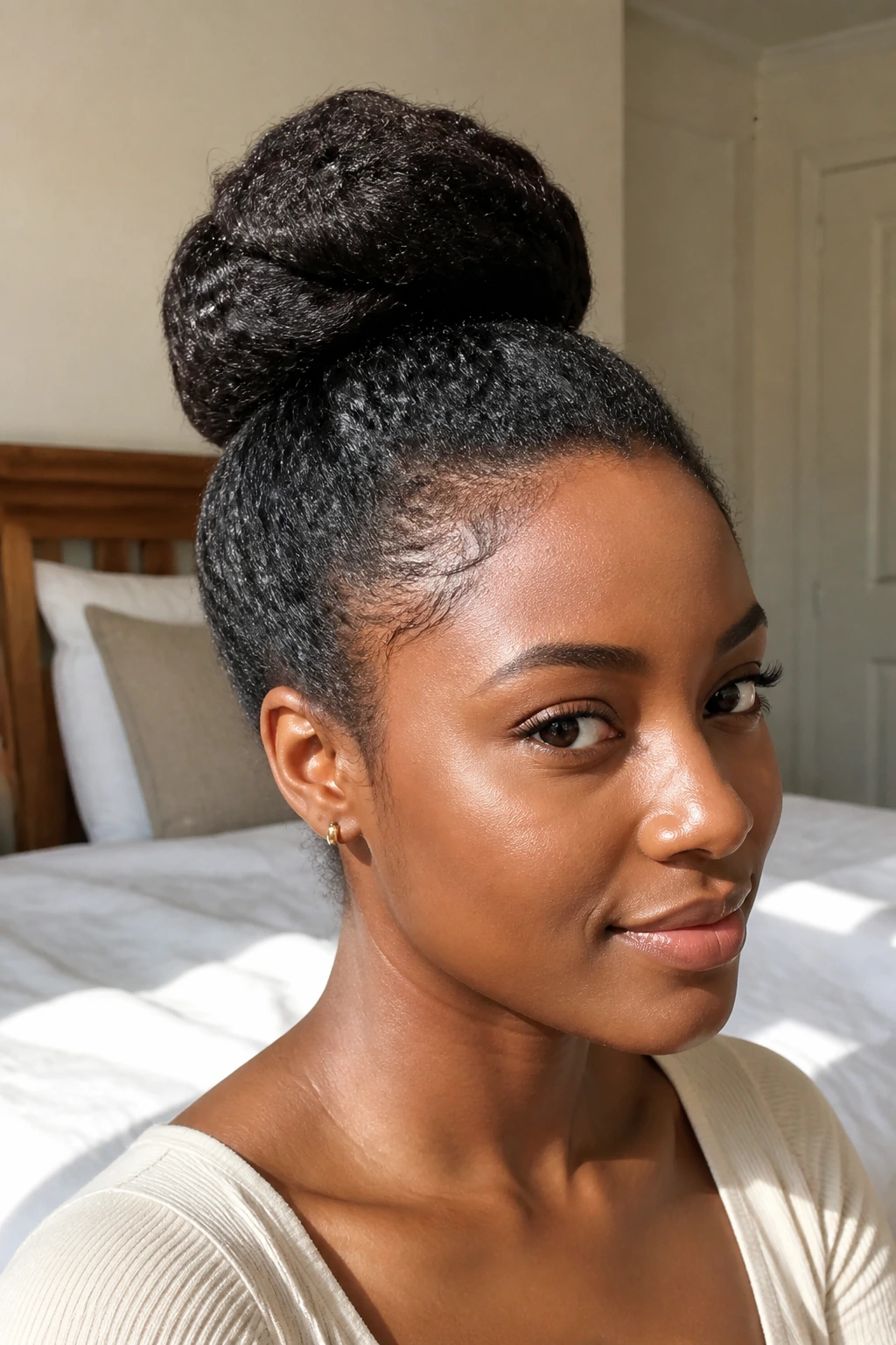 Close-up of a woman with a wrapped high bun, hair filling the frame
