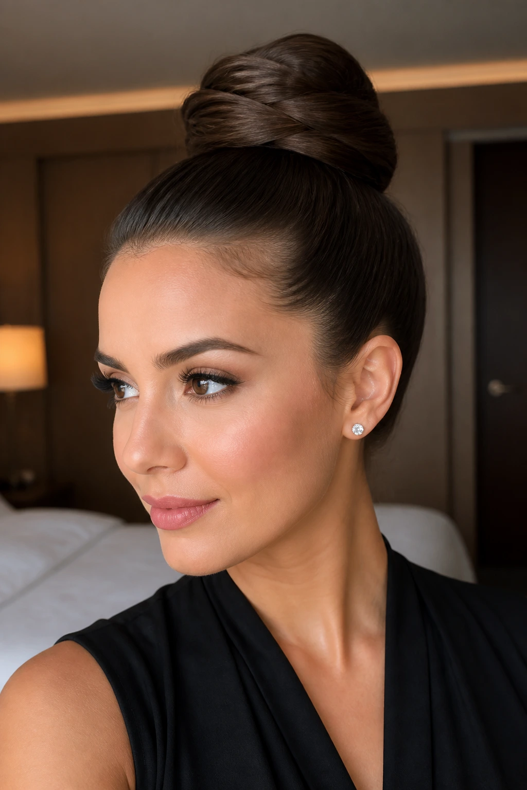 Close-up portrait of a woman with a wrapped high bun in chic setting