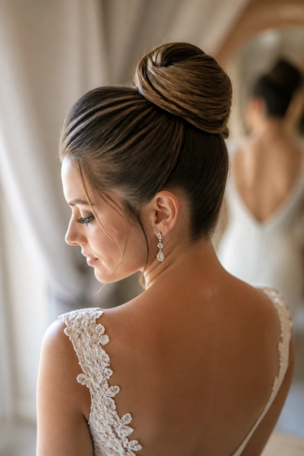 Close-up of bride with wrapped high knot at crown