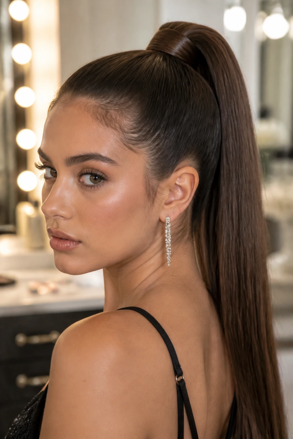 Portrait of a woman with a wrapped high ponytail