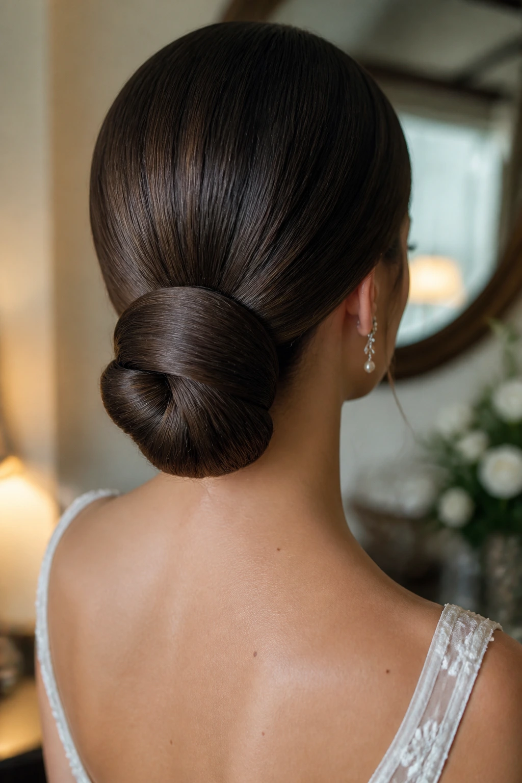 Back view of a real bride with a wrapped knot at the nape.