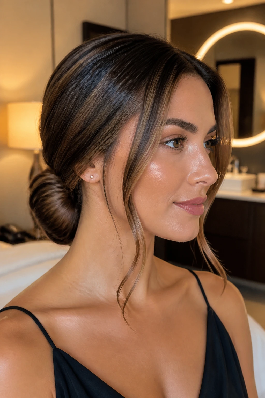 Close-up of a woman with a wrapped low bun and face-framing strands.