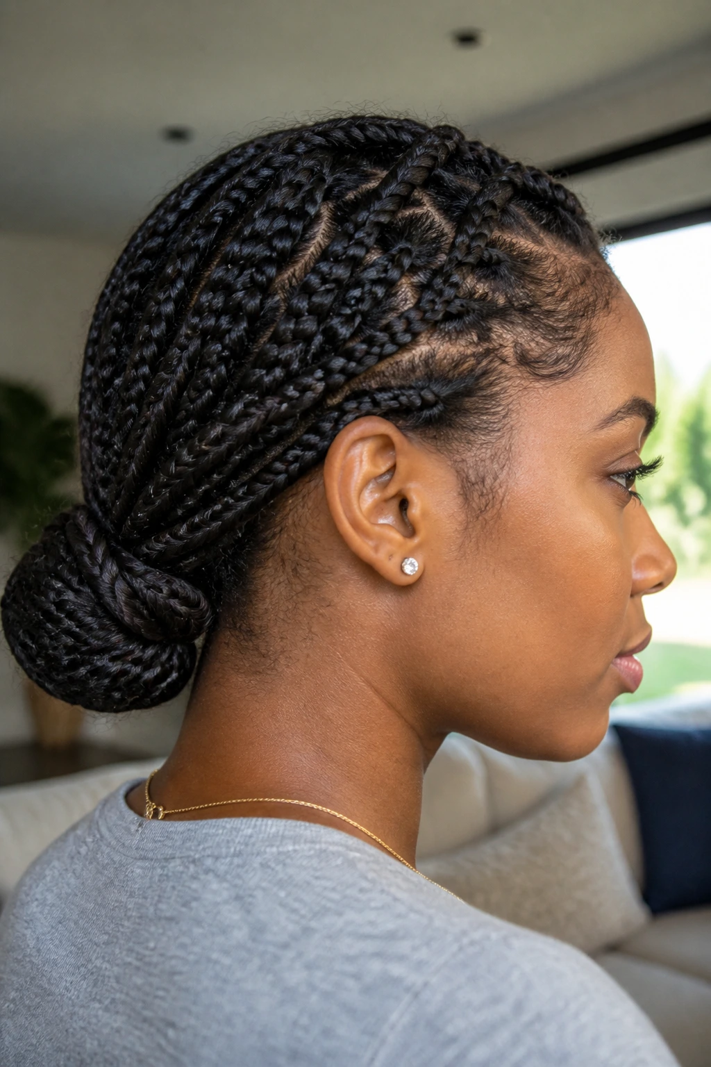 Close-up portrait of a real woman with wrapped low-bun box braids