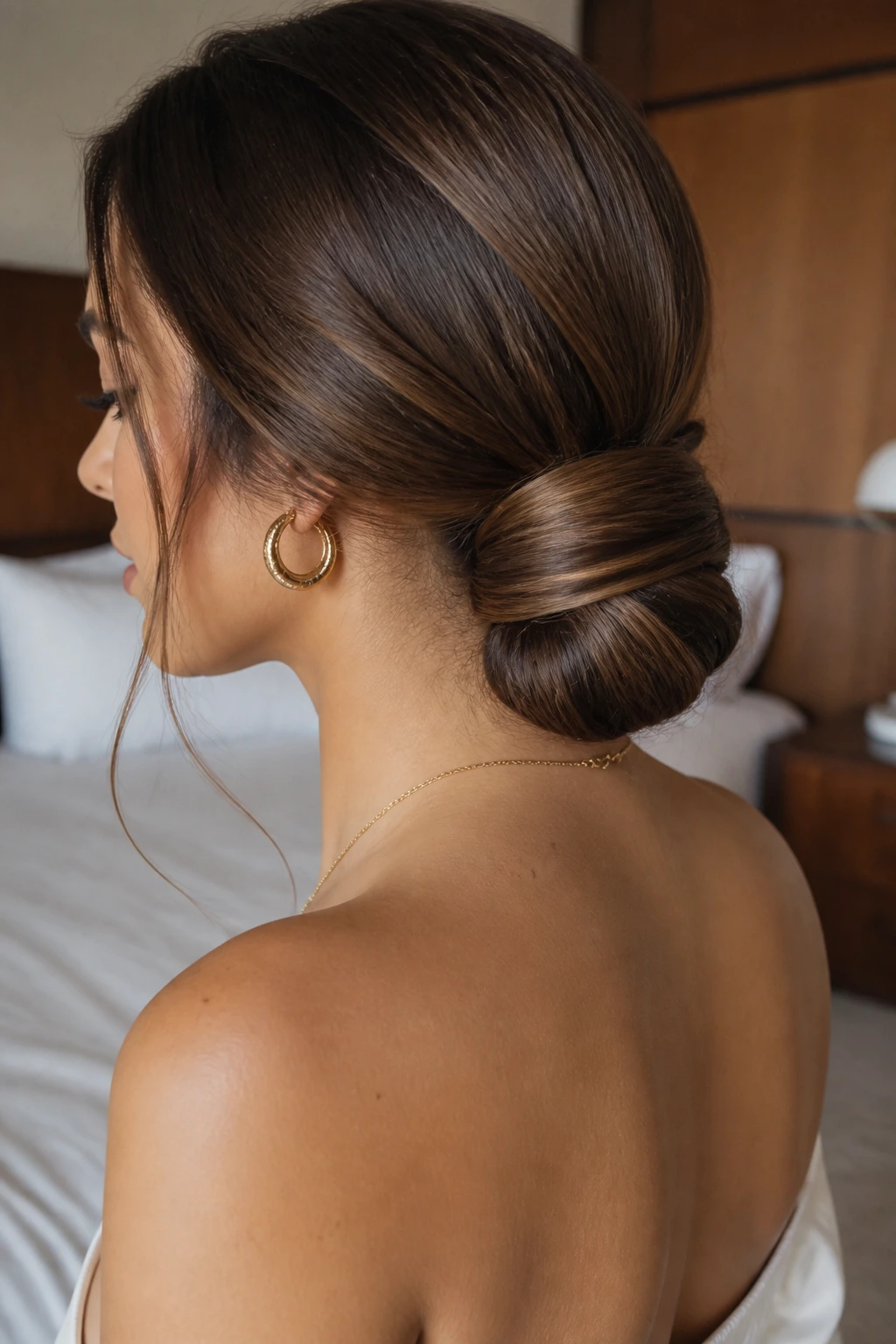 Close-up of a real woman with a long-hair wrapped low bun at the nape