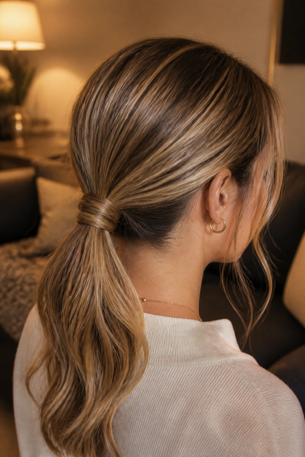 Real woman with wrapped low ponytail close-up