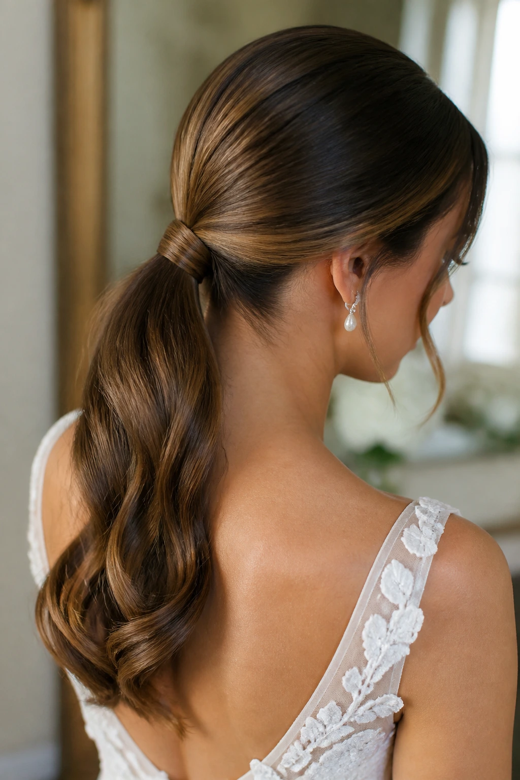 Real bride with wrapped low ponytail in a softly lit dressing room