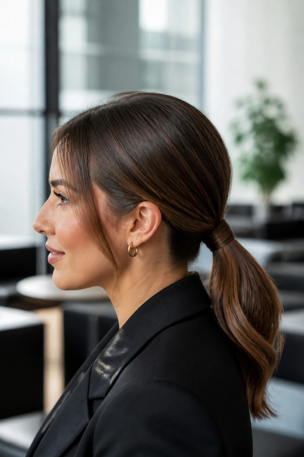 Close-up of a woman with a wrapped low ponytail and hidden elastic