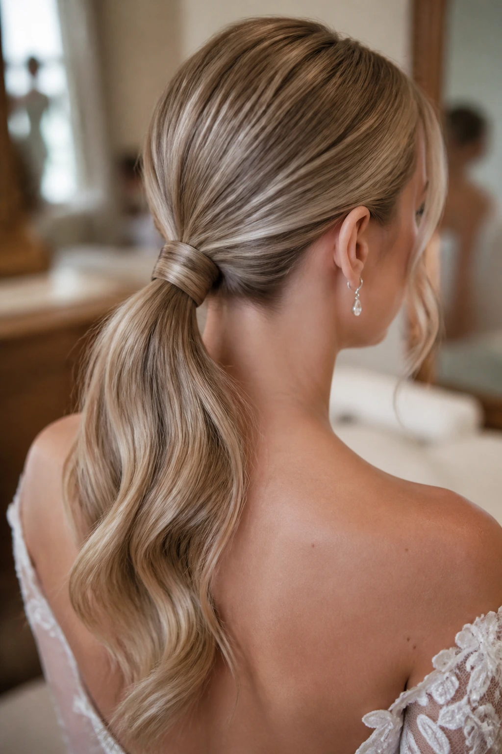 Close-up of a bride with a wrapped low ponytail.