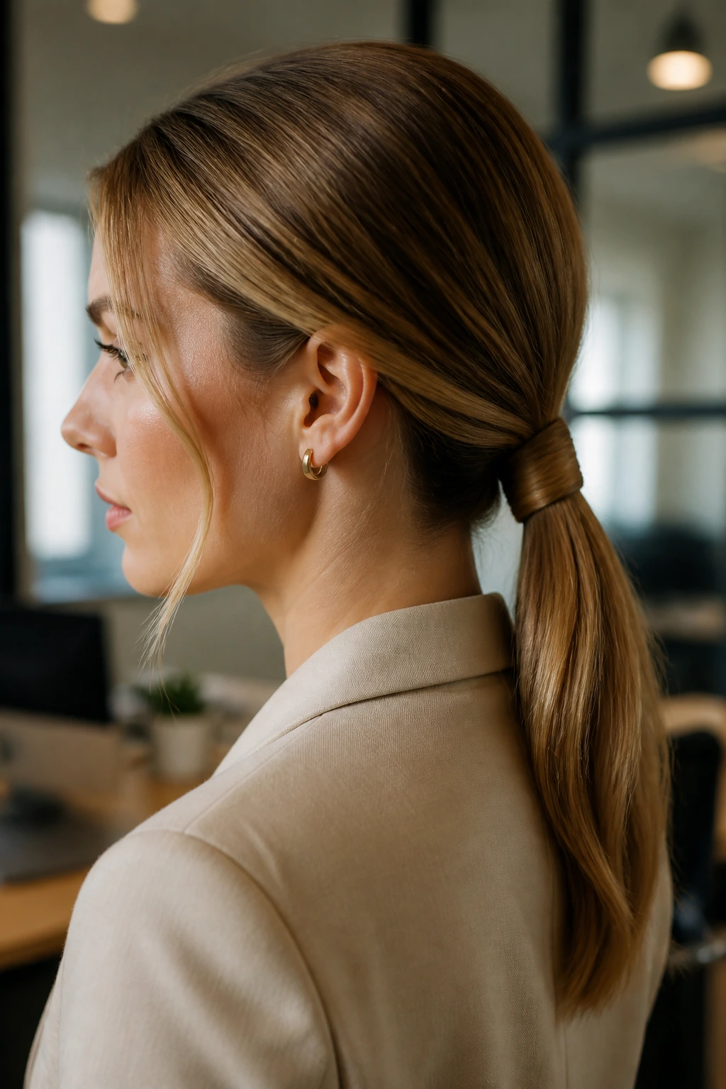 Portrait of a woman with a wrapped low ponytail in an office