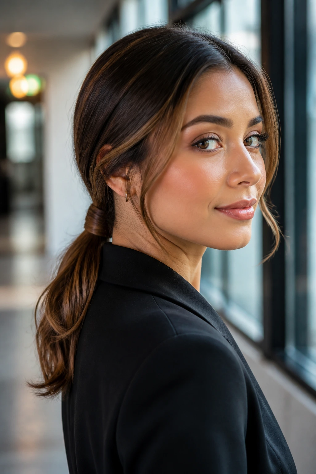 Real woman with a wrapped low ponytail in a modern office hallway