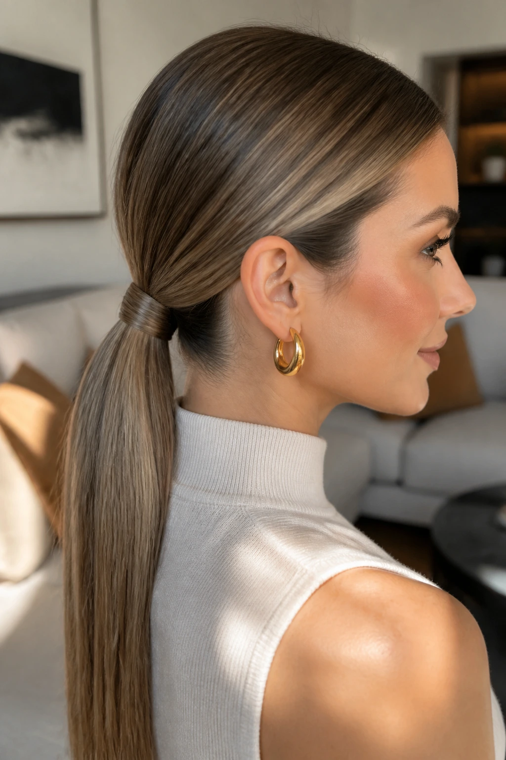 Close-up portrait of a real woman with a wrapped low ponytail in a chic living room