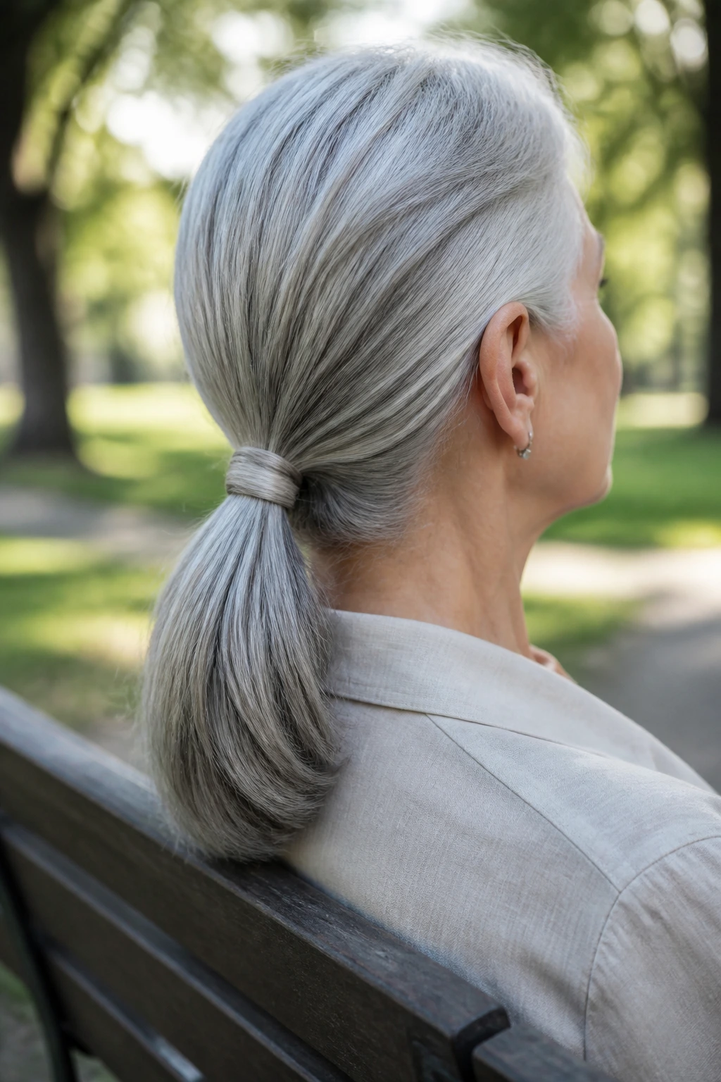 Side profile of an older woman with wrapped low ponytail in natural daylight