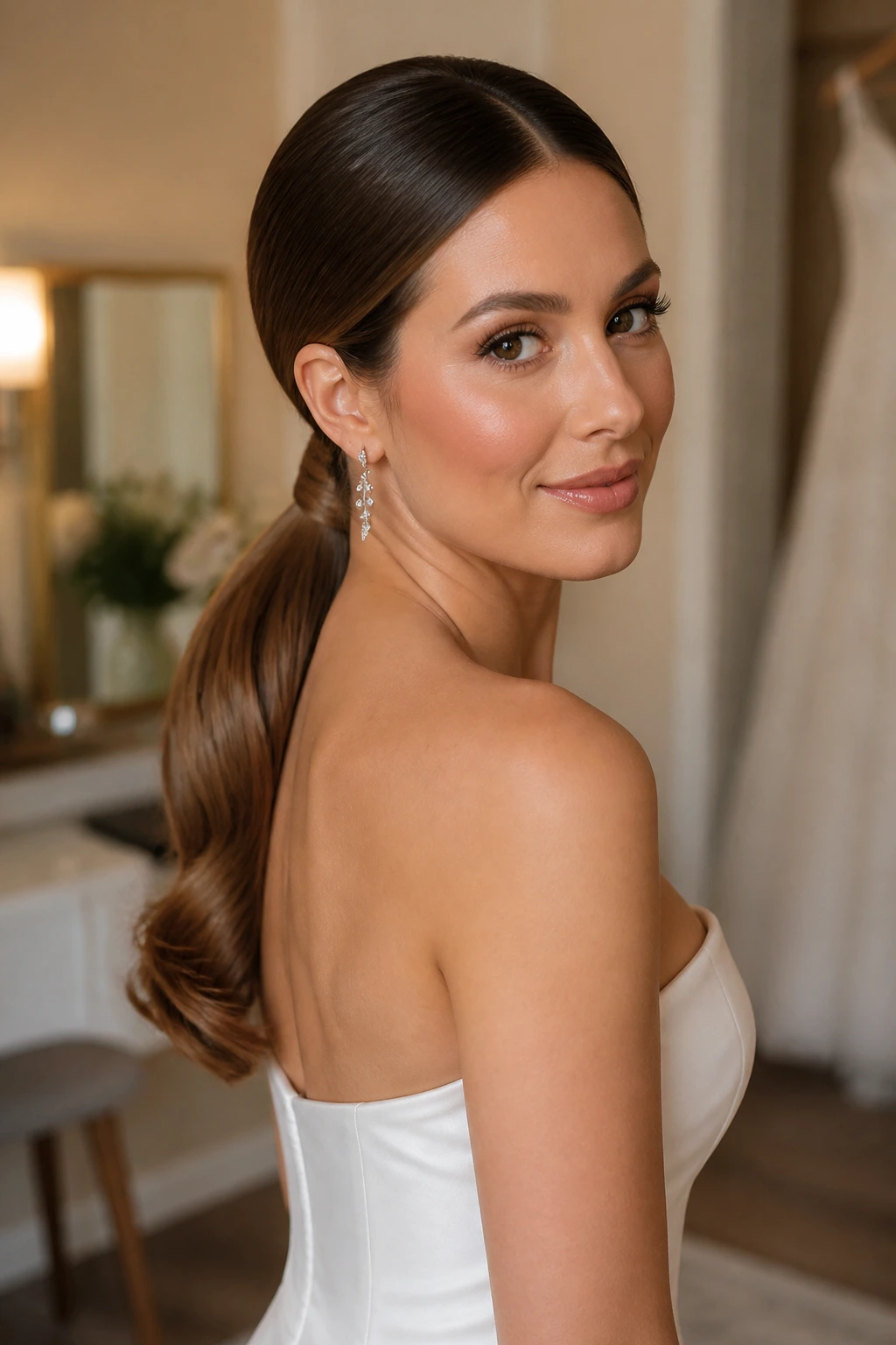 Three-quarter portrait of a woman with a wrapped low ponytail and sculpted ends at the nape