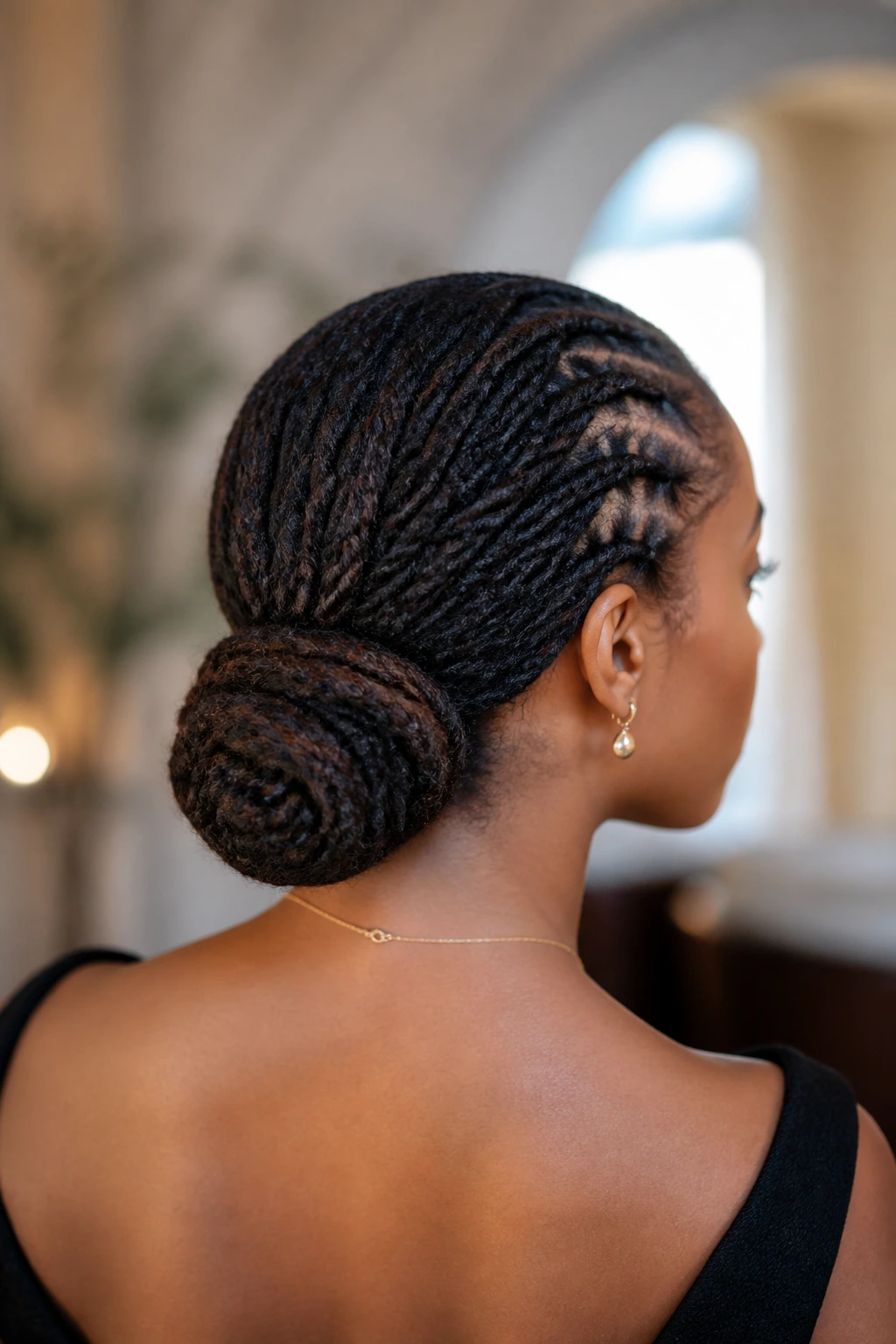 Portrait of a real person with a wrapped nape chignon and hidden pins