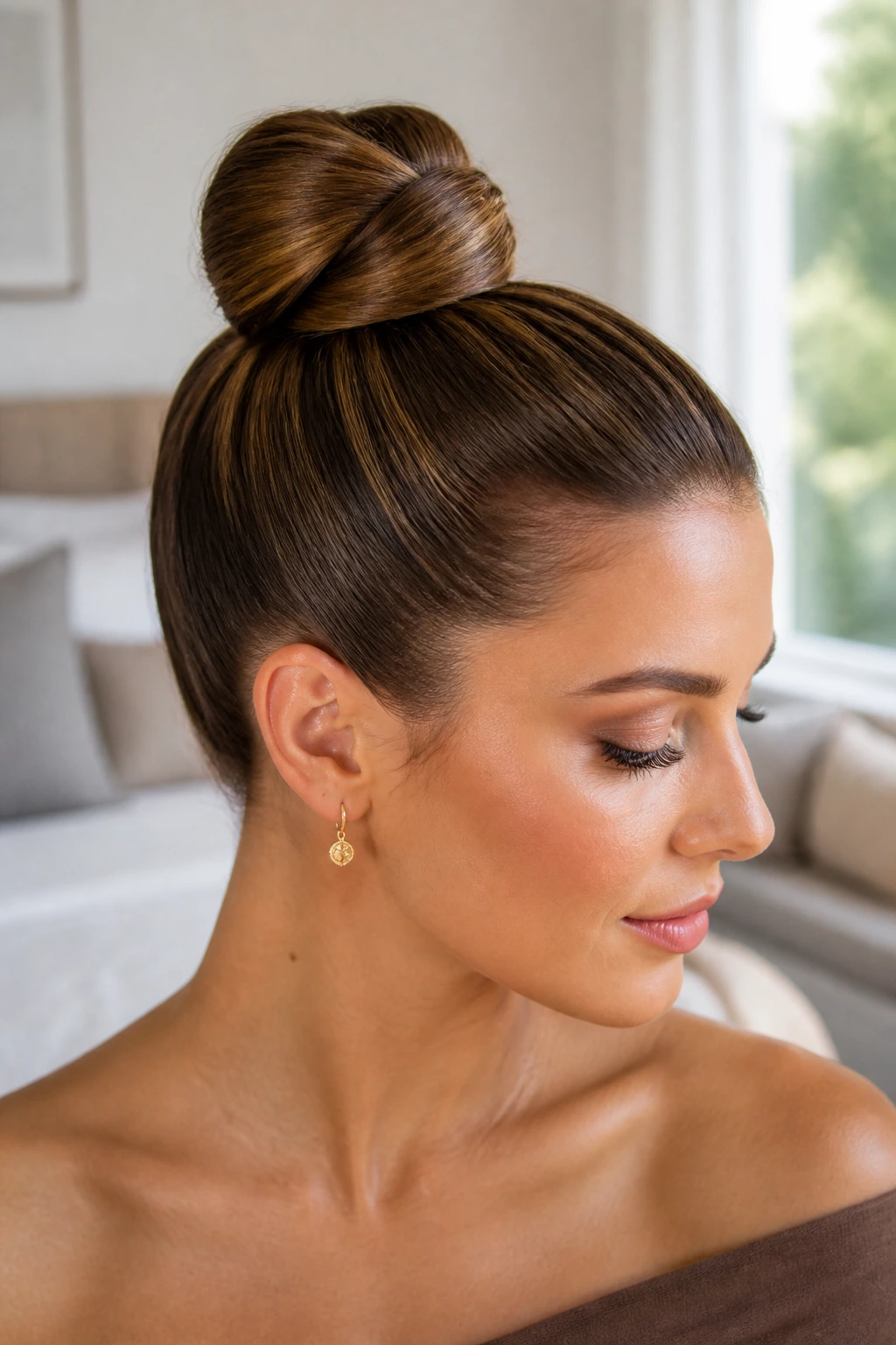Close-up portrait of a woman with a wrapped pony bun hairstyle
