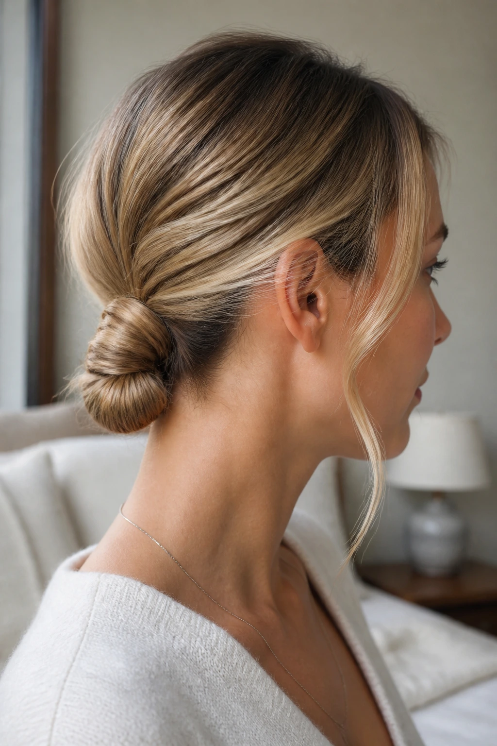 Real woman wearing wrapped low pony knot at the nape, close-up portrait in warm natural light