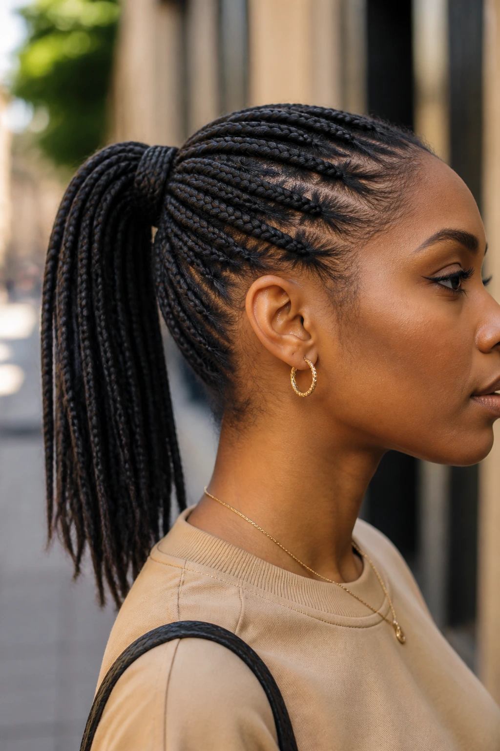 Side-profile of a real woman with a wrapped ponytail box braid.