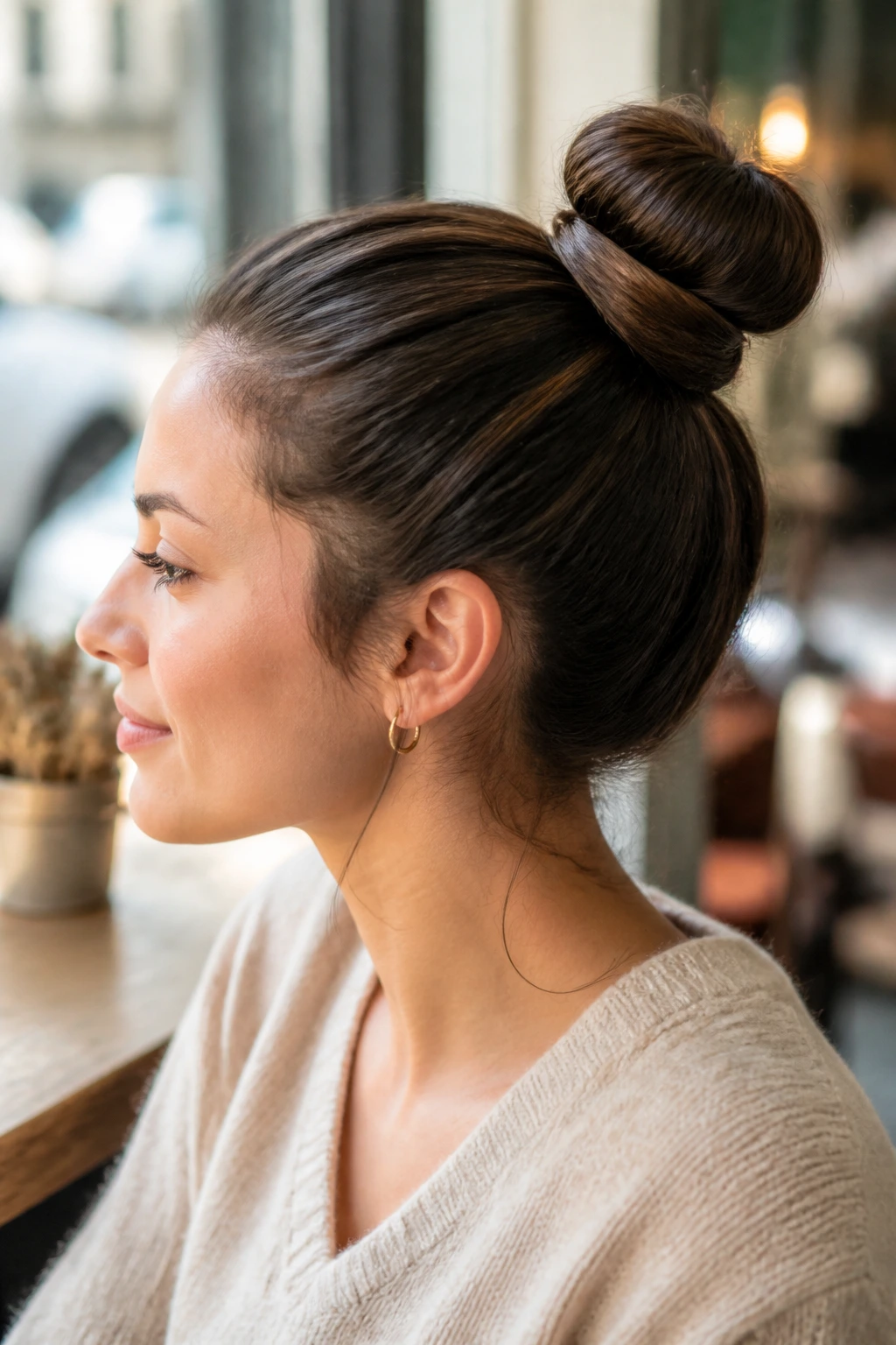 Side-profile of real woman with wrapped ponytail bun