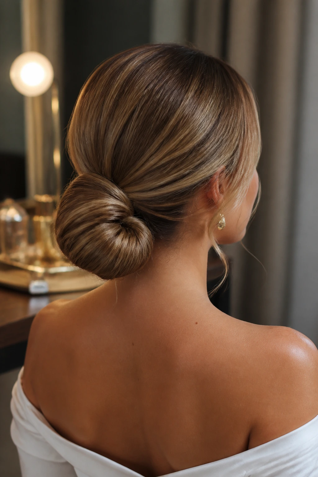 Rear three-quarter view of wrapped ponytail bun on real person