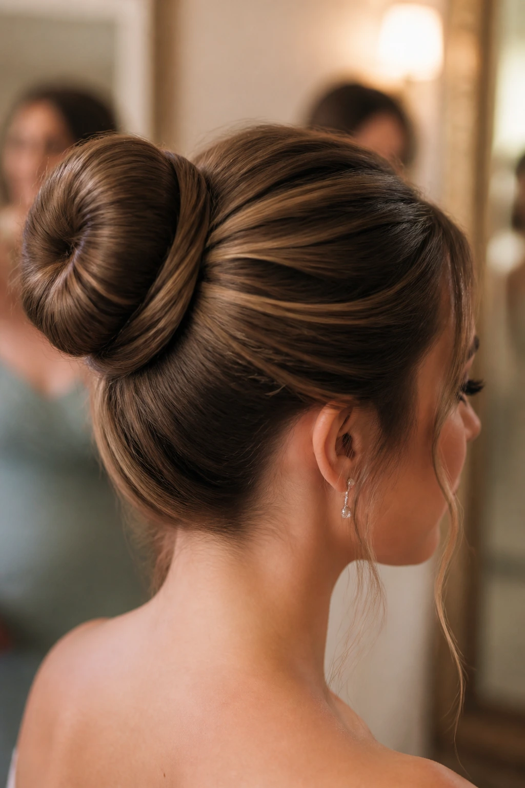 Close-up of a real woman with a wrapped ponytail bun in a warm bridal room