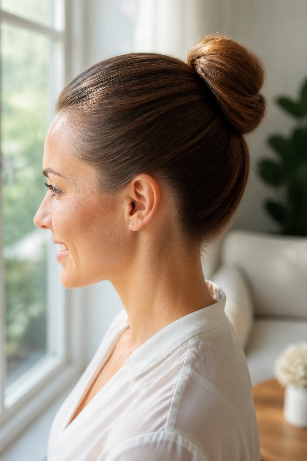 Close-up portrait of a real woman with a wrapped ponytail bun at the base and hair neatly wrapped