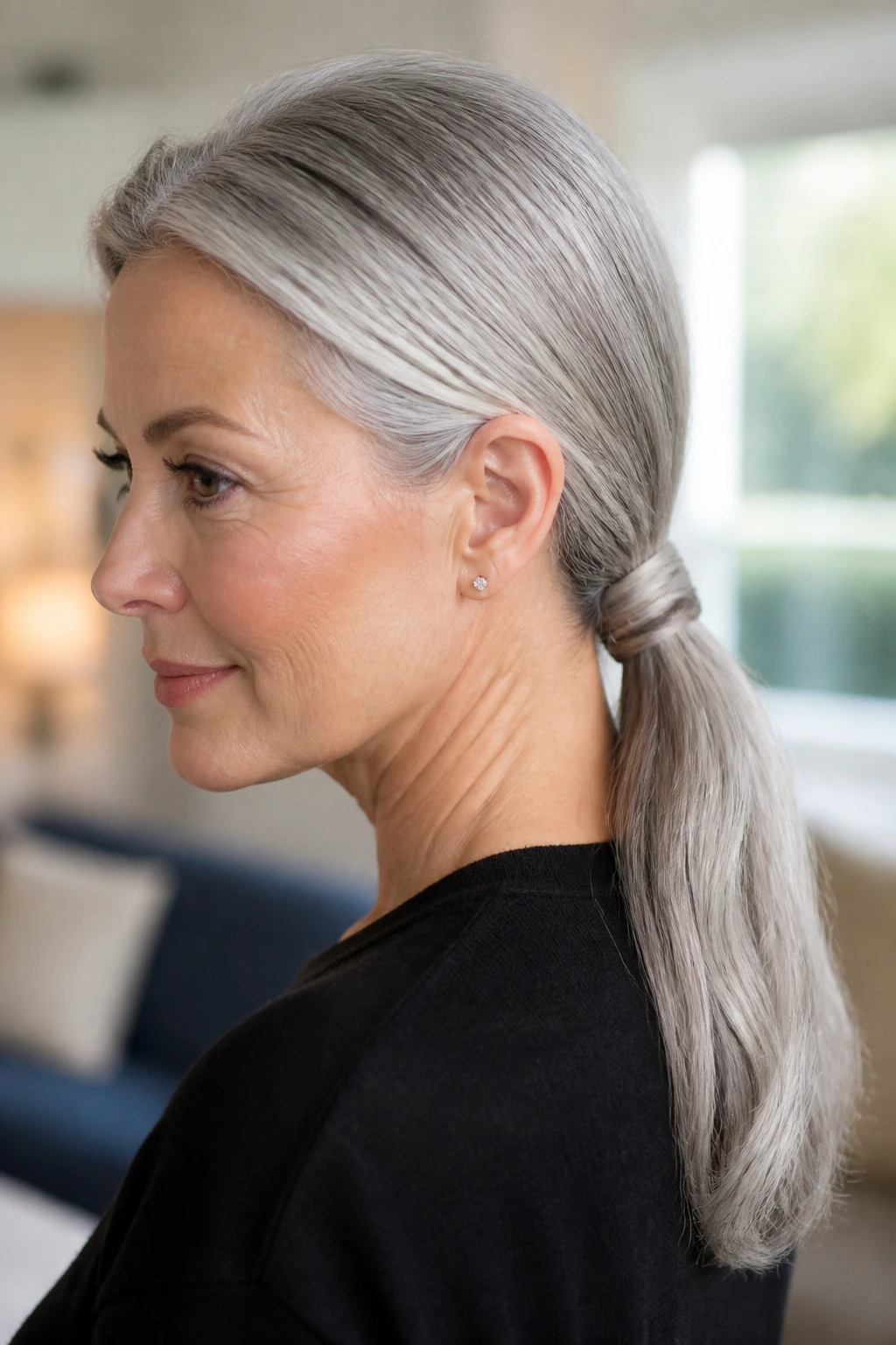 Close-up of a real woman with a wrapped low ponytail on silver-gray hair at the nape