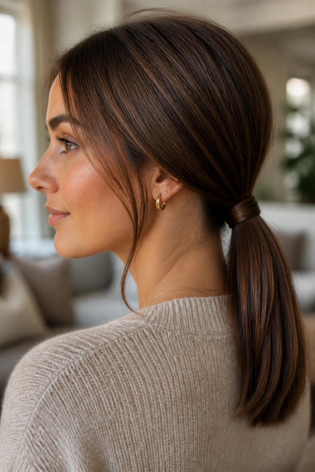 Real woman with a wrapped low ponytail in a cozy home setting