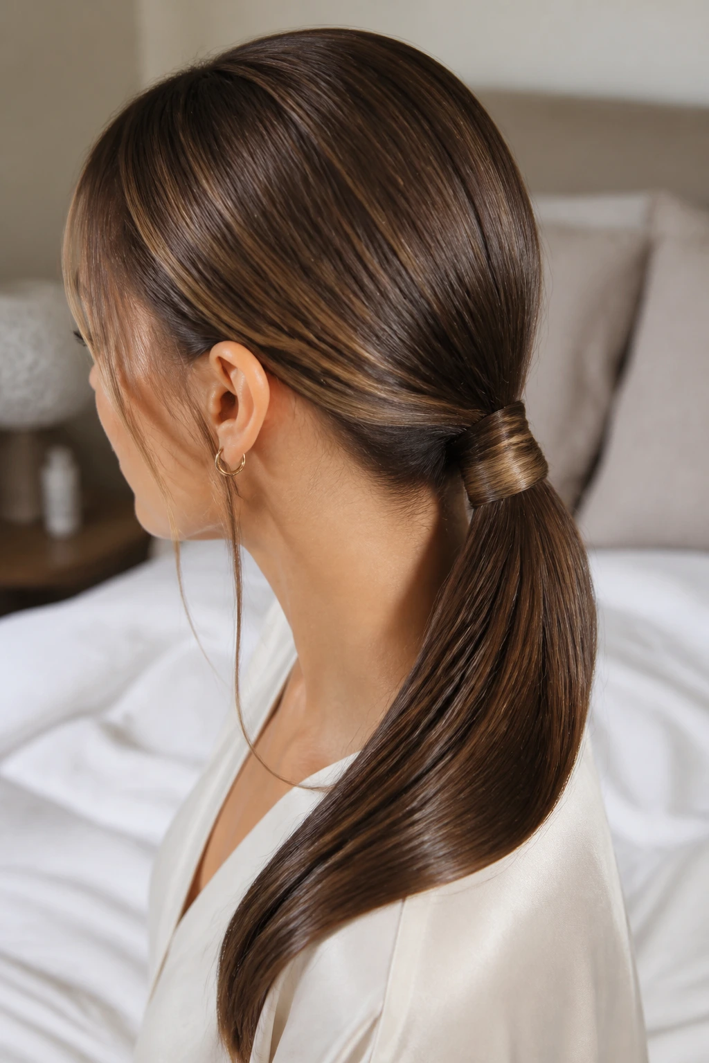 Close-up of a real woman with a wrapped low ponytail showing a neat base wrap