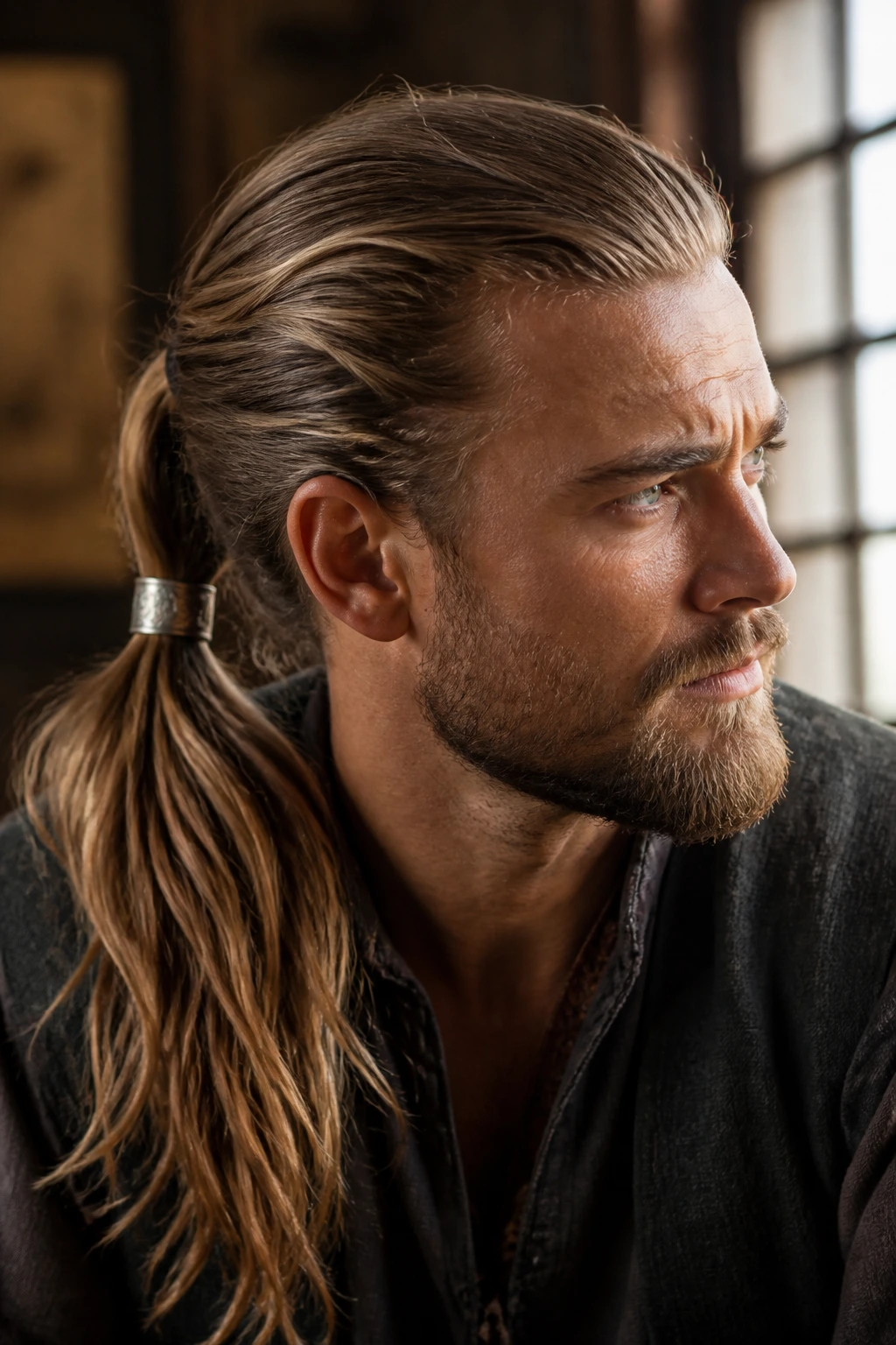 Close-up portrait of wrapped ponytail with hair cuff on a real person