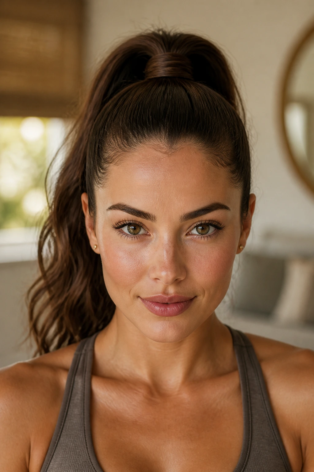 Close-up portrait of a real woman with a wrapped high ponytail showing a wrapped base.