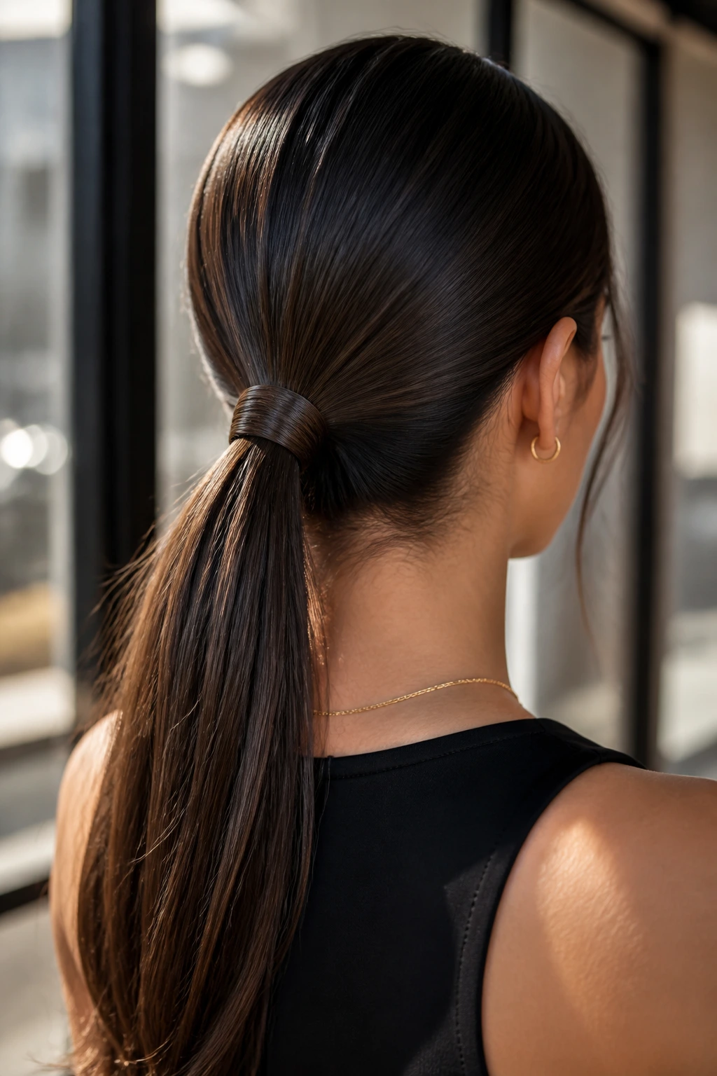 Back view of a real woman with a wrapped ponytail and hidden elastic