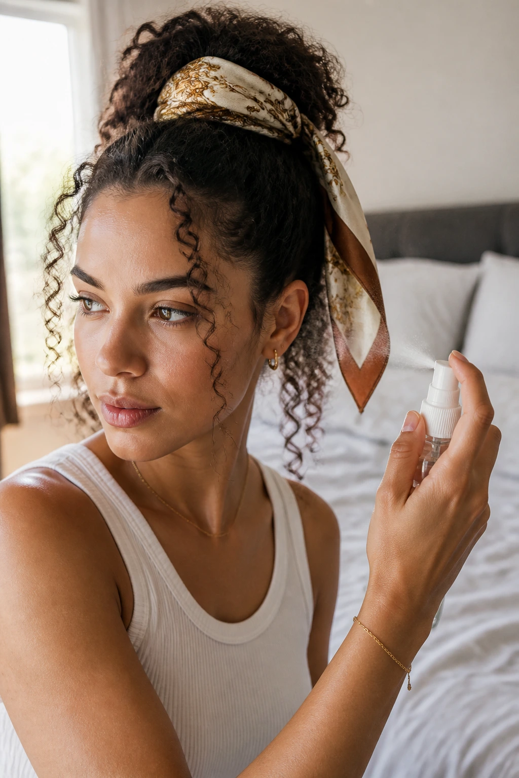 Close-up of a real woman with a wrapped ponytail and silk scarf in soft morning light