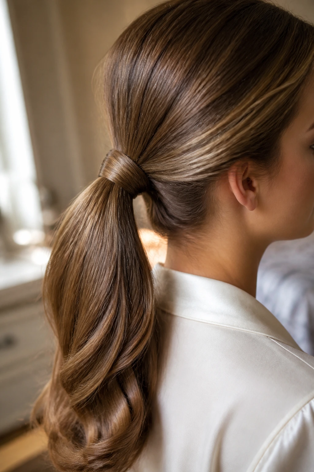 Real person with wrapped ponytail concealing the elastic at the base