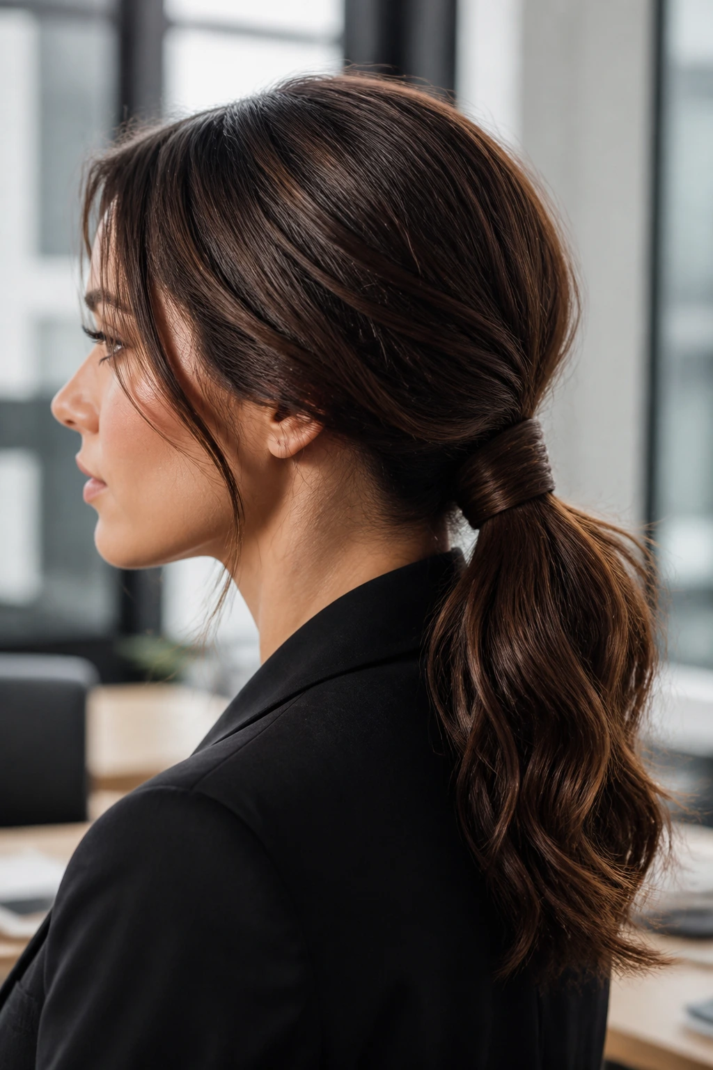 Close-up portrait of a real woman with a thick wavy wrapped low ponytail at the nape