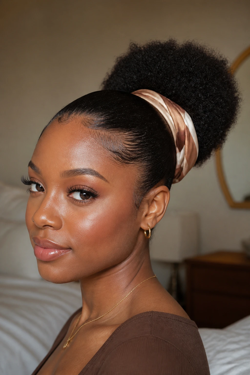 Close-up of wrapped-scarf puff hairstyle on a real woman with satin scarf accent