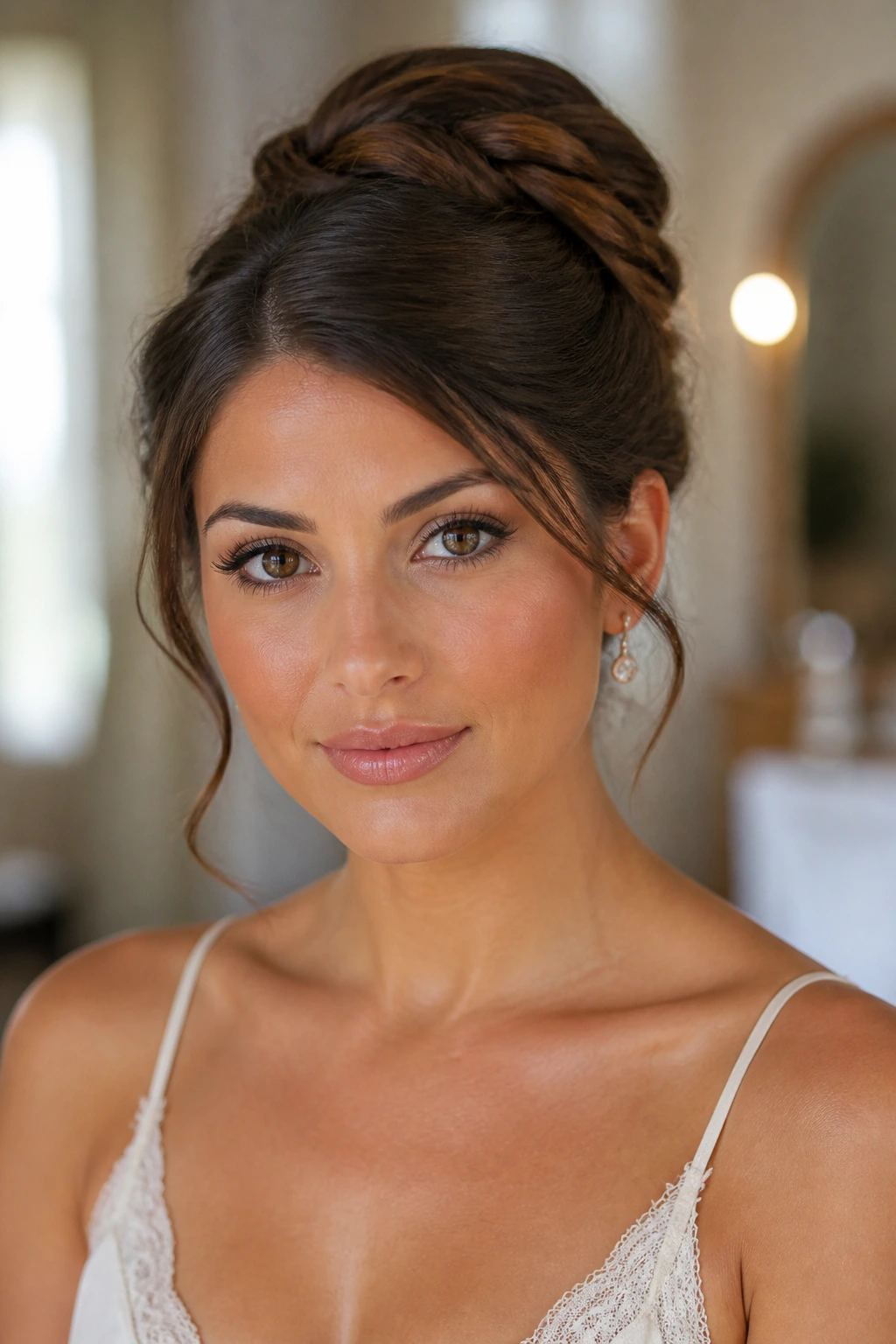 Close-up of a real woman with wrapped-section chignon showing visible bands around a bun