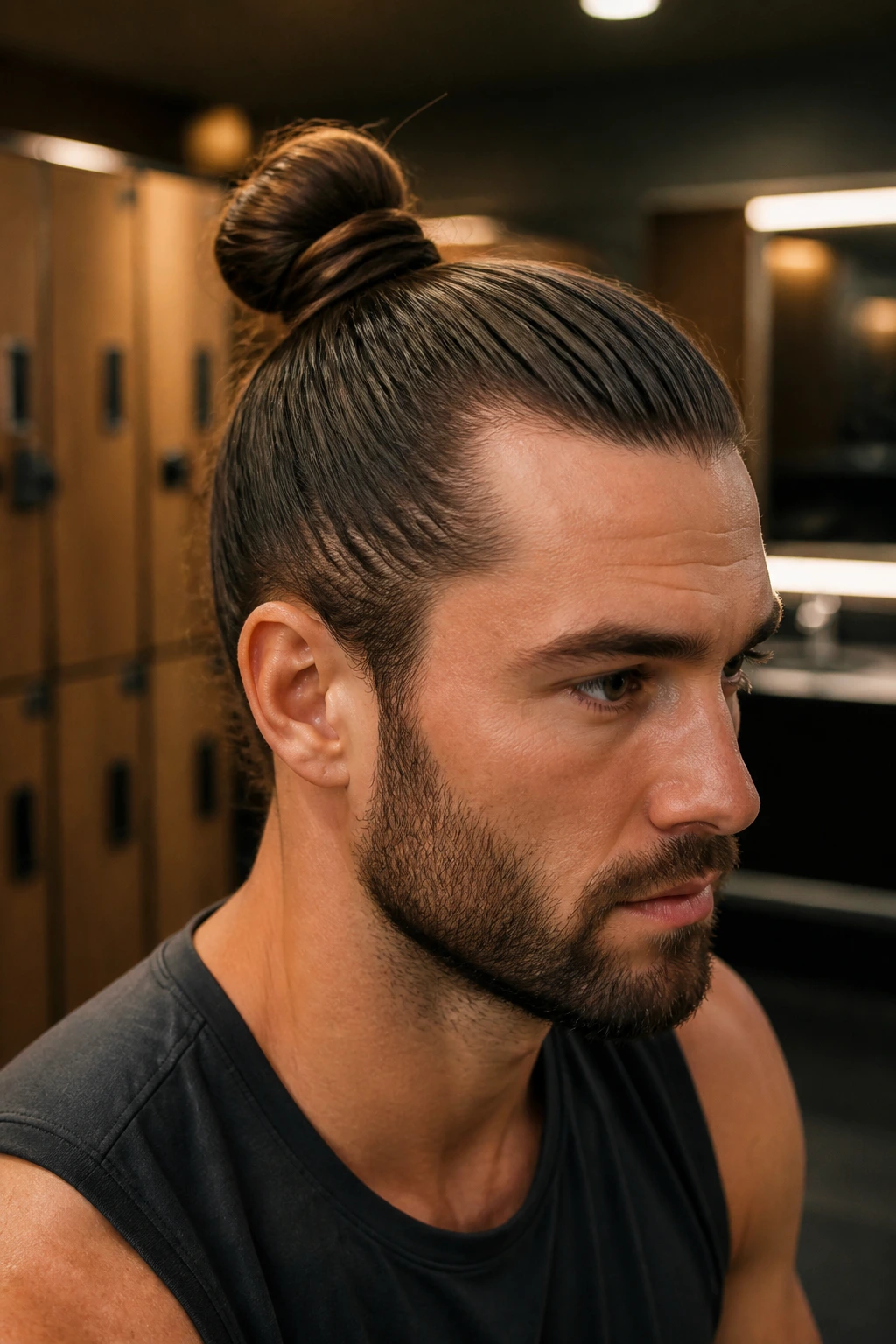 Close-up portrait of a real man with a wrapped top knot in a gym setting